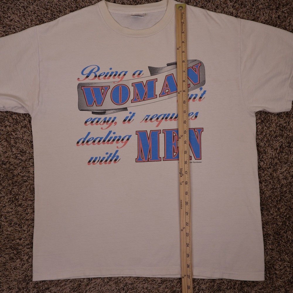Vintage 90s Being A Woman Funny Slogan Graphic T-Shirt Large White Tee - Picture 10 of 11